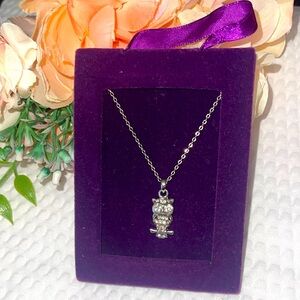 New Super Cute Small Shiny Sparkly Silver Jeweled Owl Chain Necklace W/ Velvet
